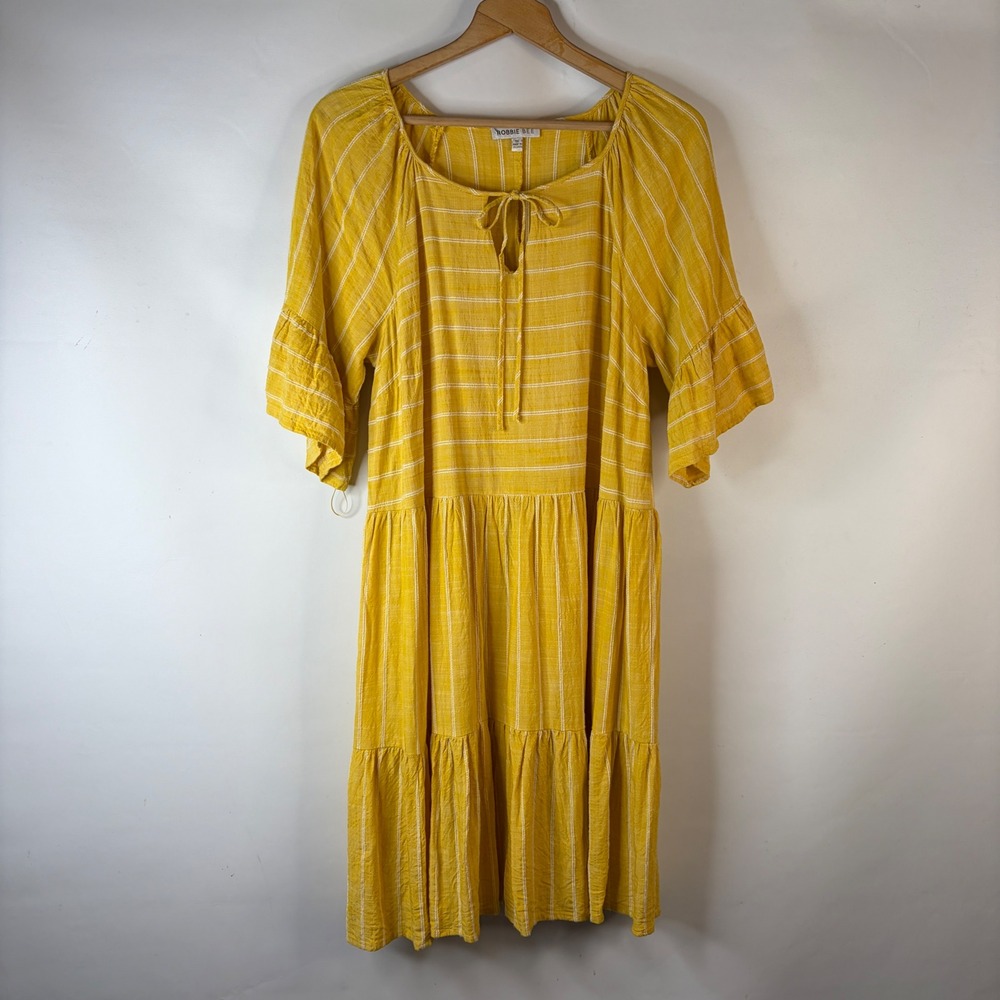 Robbie Bee Tiered Dress Women 1X Yellow Striped Ruffle Sleeve Boho Rayon
